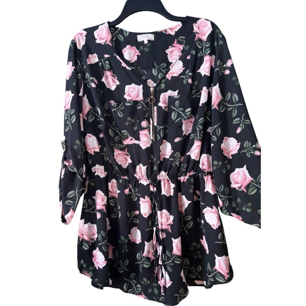 Plus Size Black Tie-Waist Blouse - Pink Rose Print, Zip Front, Flowy 2X Top